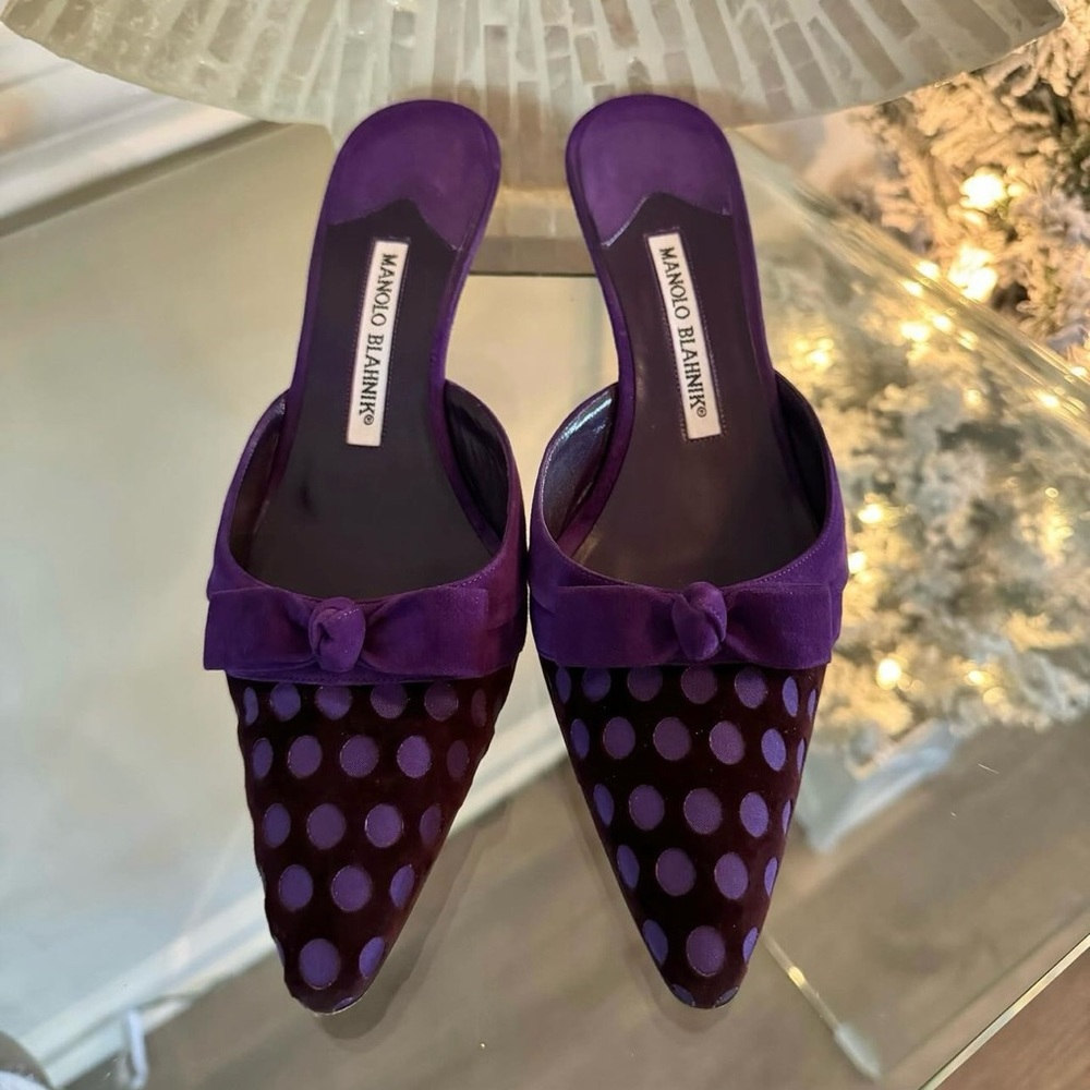 Manolo Blahnik - Purple Polkadot Bow Suede Mules